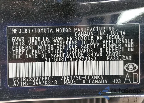 2015 Toyota Corolla L from USA, damaged, VIN 2T1BURHE9FC279853